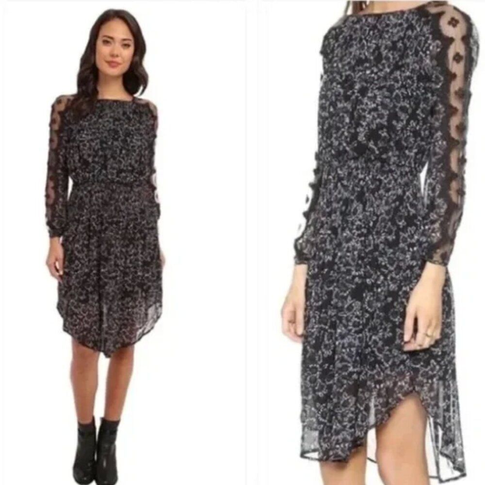 Free People | Black Floral Lace Trim Long Sleeve Midi Dress Size Small